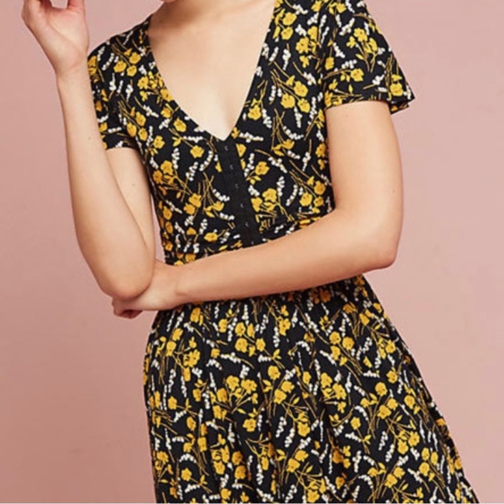 Anthropologie Maeve Black & Yellow Floral Corset Short-Sleeve Mini Dress (sz S)